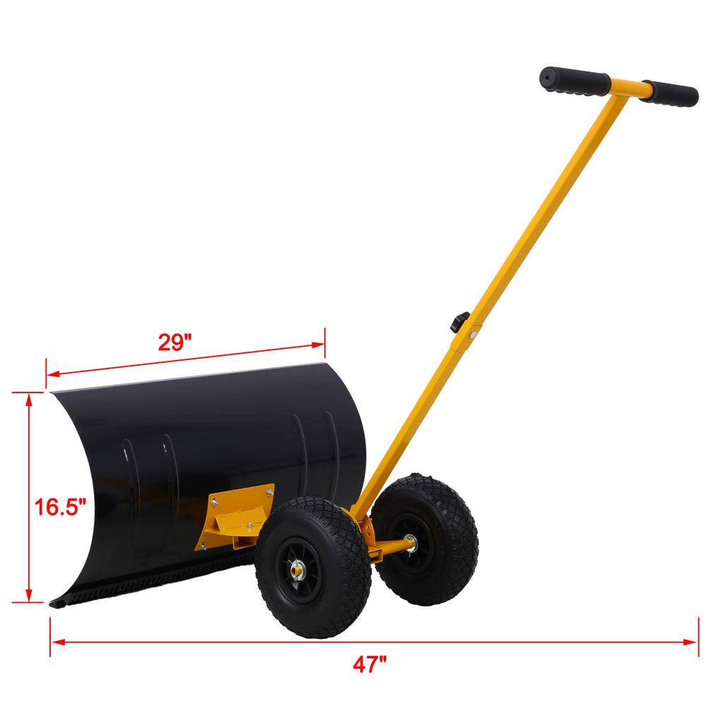 47 in. Sheet Metal Handle Steel Snow Shovel Rolling Pusher with 29 in. Blade and 10 in. Wheels in Black and Yellow - Hercitys