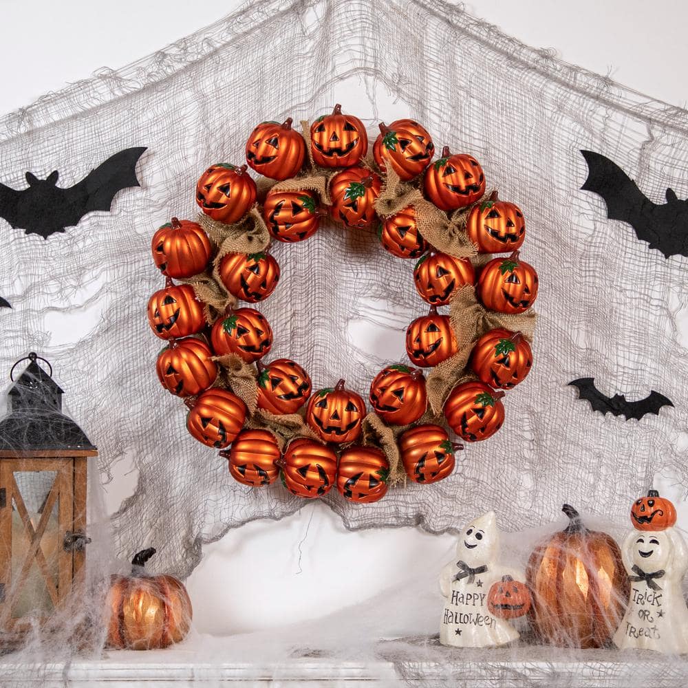 20 in. Orange Unlit Artificial Jack-O-Lantern and Burlap Ribbon Halloween Wreath - Hercitys