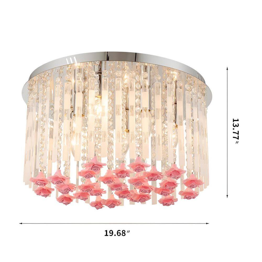 20 in. 7-Light Polished Chrome Flush Mount with Glass Tube Shade and Pink Flower Accents - Hercitys