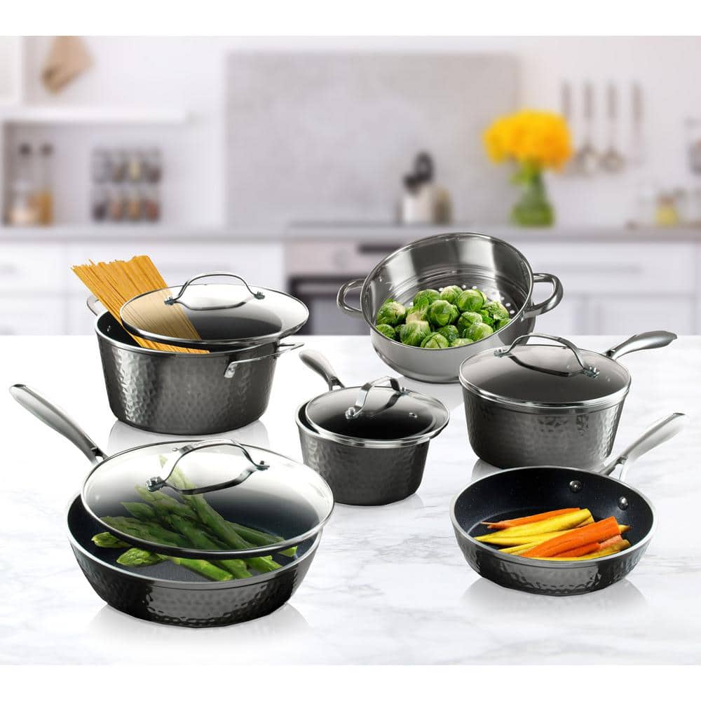 10-Piece Aluminum Hammered Ultra-Durable Non-Stick Diamond Infused Cookware Set in Pewter - Hercitys