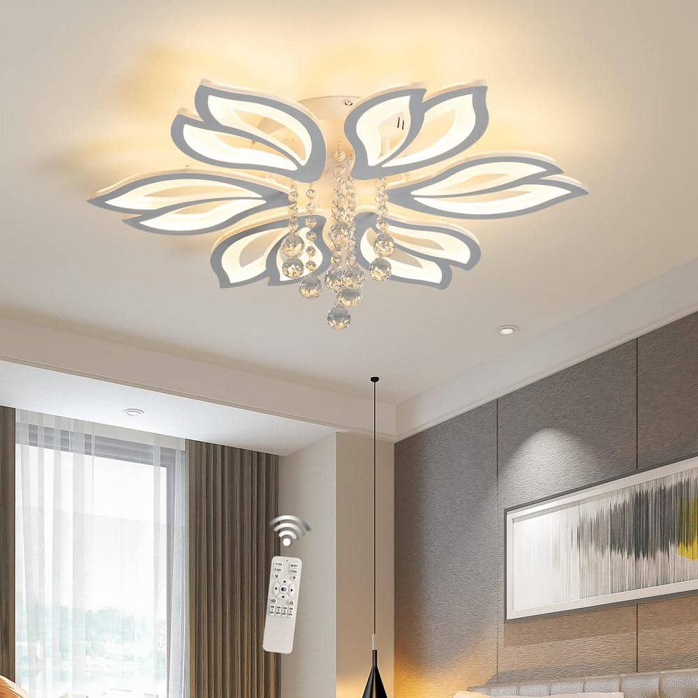 27.5 in. White Acrylic Dimmable Modern Flush Mount Ceiling Light  6-Head Flower Light Fixture - Hercitys