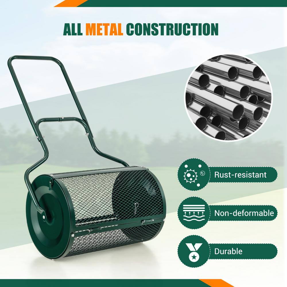 24 in. 2.7 cu. ft. Capacity Handheld Metal Mesh Peat Moss Spreader with Upgrade Side Latches and U-Shape Handle in Green - Hercitys