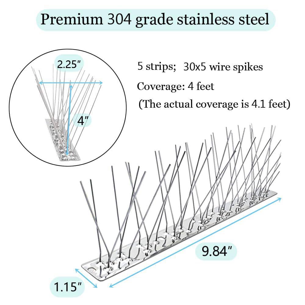 1.2 in. x 9.8 in. Stainless Steel Bird Spikes, Metal Fence Spikes, Bird Deterrent Spike with 4.1 ft. Coverage (5-Pack) - Hercitys