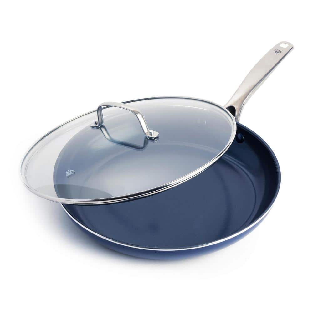 12 in. Aluminum Diamond Infused Toxin-Gree Nonstick Non-Induction Frying Pan Skillet in Blue with Handle and Glass Lid - Hercitys