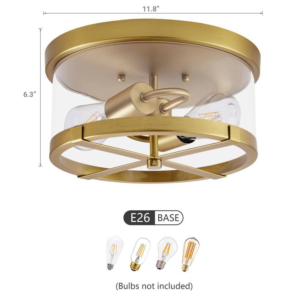 11.8 in. 2-Light Gold Flush Mount Ceiling Light with Clear Glass Shade - Hercitys