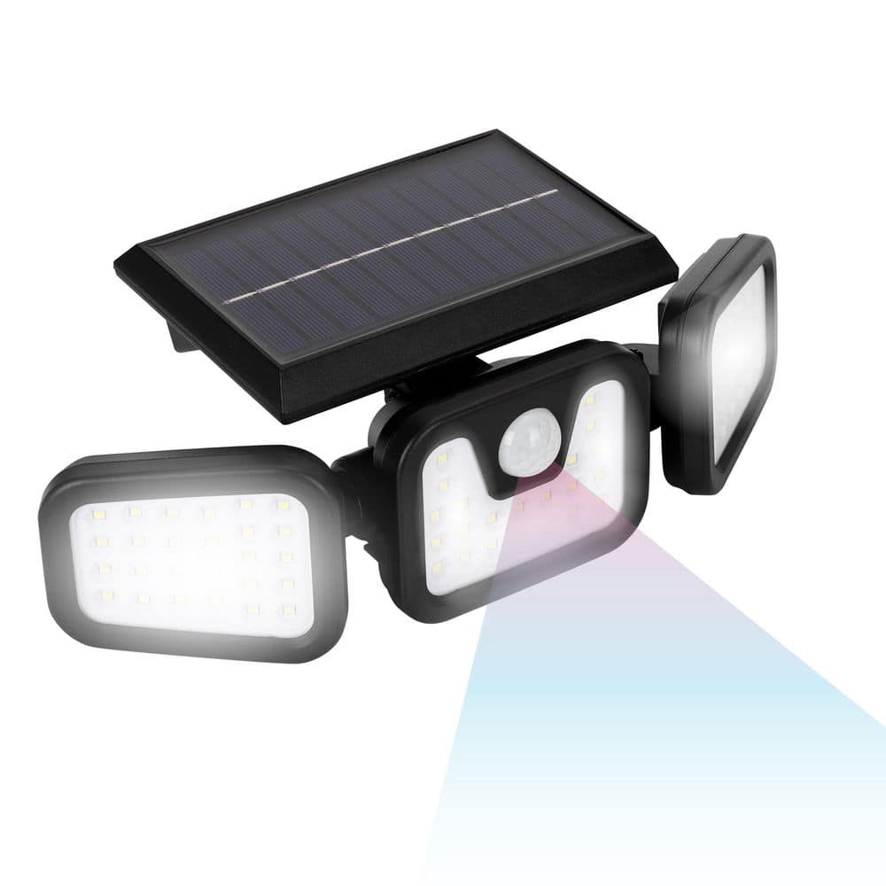 3-Head 185 Lumen Matte Black Solar Integrated LED Outdoor Motion Sensing Dusk to Dawn Security Flood Light - Hercitys