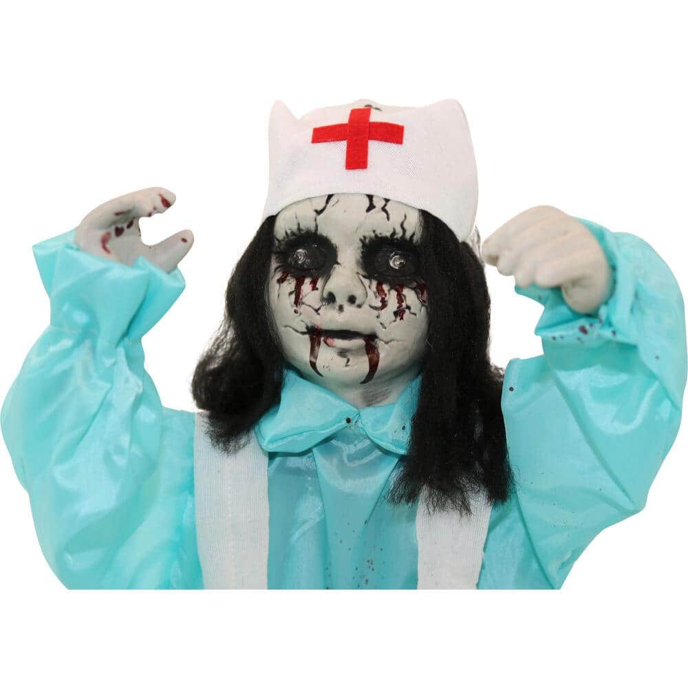 21.5 in. Battery Operated Poseable Animatronic Nurse with Red LED Eyes Halloween Prop - Hercitys