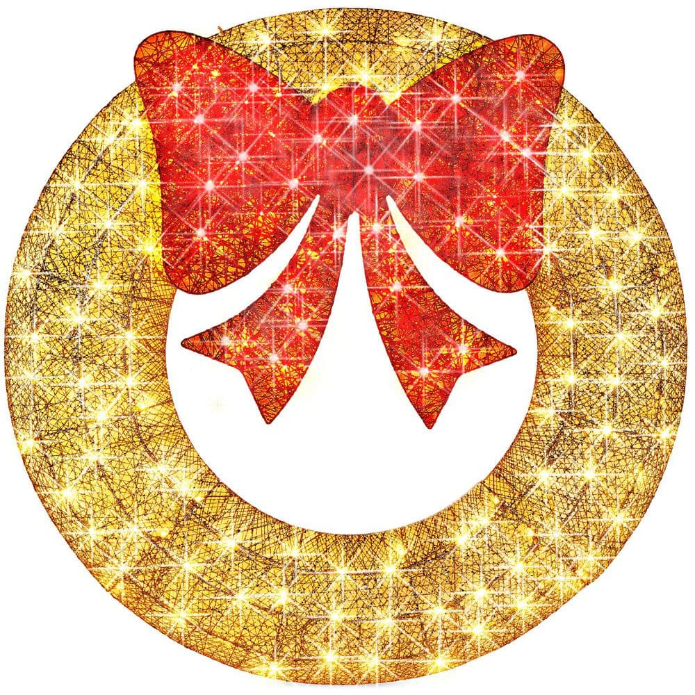 48 in. Gold Pre-Lit LED Outdoor Artificial Christmas Wreath with140-Lights and Red Bow - Hercitys