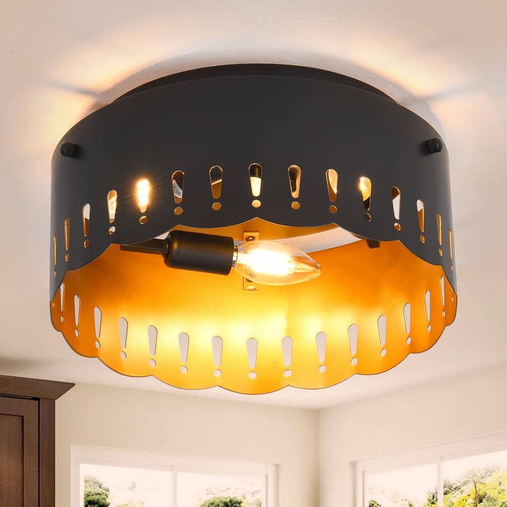 12 in. 3-Light Matte Black Industrial Drum Flush Mount Ceiling Light with Brass Inside Finish and Wavy Brim Fixture - Hercitys