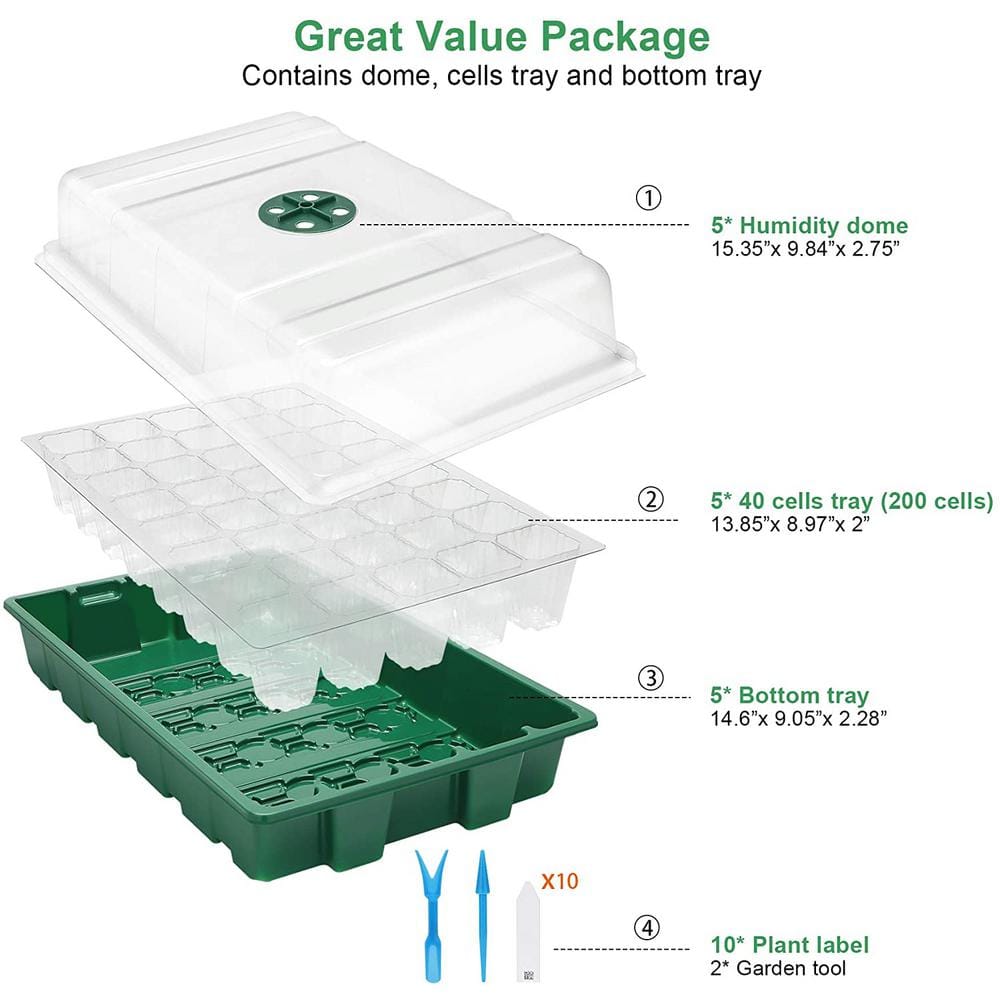 15.35 in. x 9.84 in. x 5.03 in. 200 Seed Starter Plant Grow Kit Greenhouse with Humidity Dome and Base (Pack of 5) - Hercitys