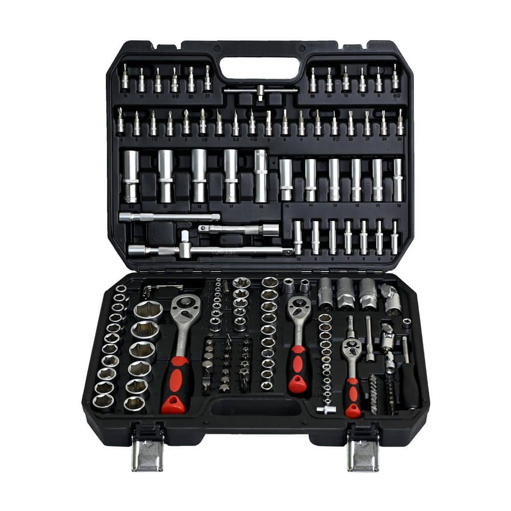 14 in. Black Carbon Steel Lockable Portable Tool Box with Socket and Ratchet Wrench Set - Hercitys