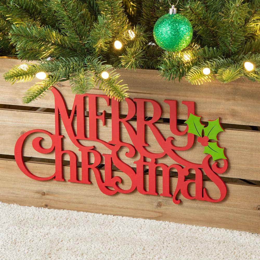 27 in. L Natural Wooden “MERRY CHRISTMAS” Solid Wood Crate Tree Collar - Hercitys