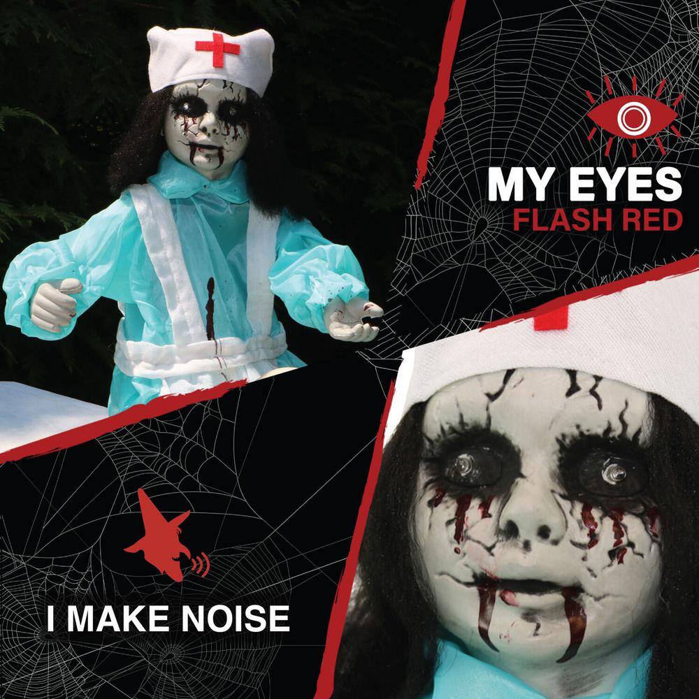 21.5 in. Battery Operated Poseable Animatronic Nurse with Red LED Eyes Halloween Prop - Hercitys