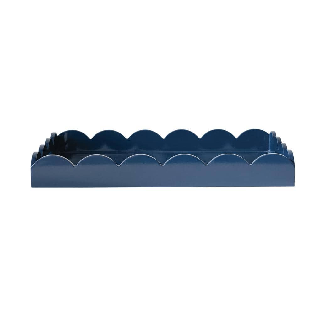 20.5 in. W x 2.6 in. H x 20.5 in. D Rectangle Wood Navy Blue Lacquered Scalloped Tray Serving Tray with Handles - Hercitys