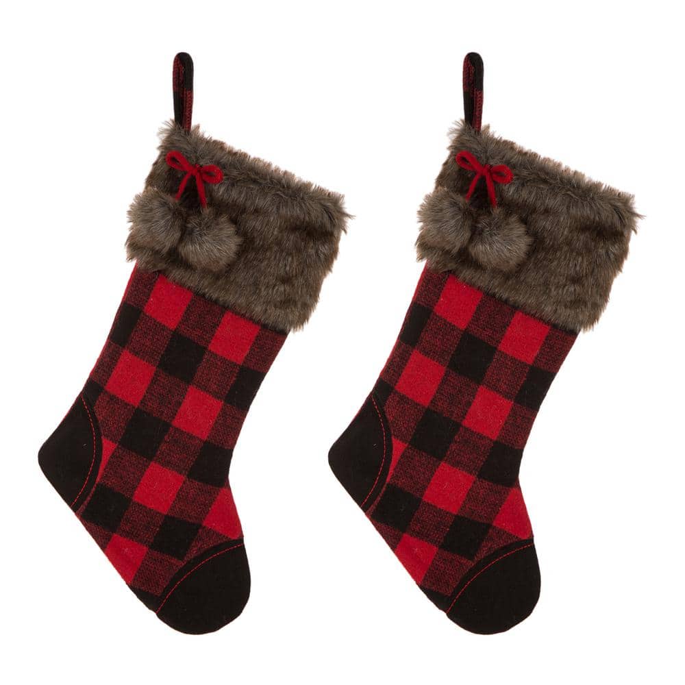 2-Pack 21 in. H Fur Black/Red Buffalo Plaid Stocking - Hercitys