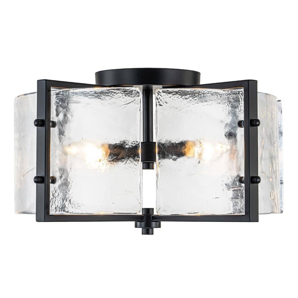 16.73 In. 4-Light Matte Black Modern Ceiling Light Semi-Flush Mount Fixture With Curved Textured Glass Shade - Hercitys