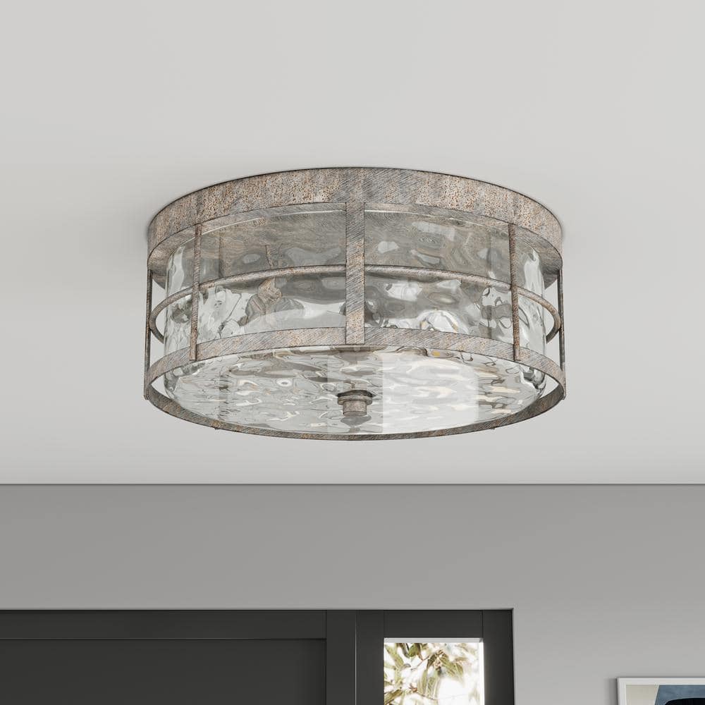 12.99 in. 2-Light Industrial Rustic Flush Mount Ceiling Light Fixture with Glass Shade - Hercitys