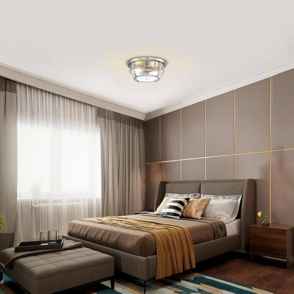 12.8 in. 2-Light Barreled Brushed Nickel Cage Flush Mount Ceiling Light - Hercitys