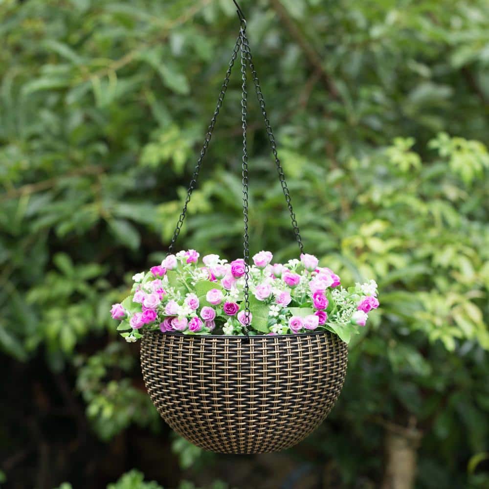 10 in. Self Watering Bronze Plastic Hanging Basket Flower Planter - Hercitys
