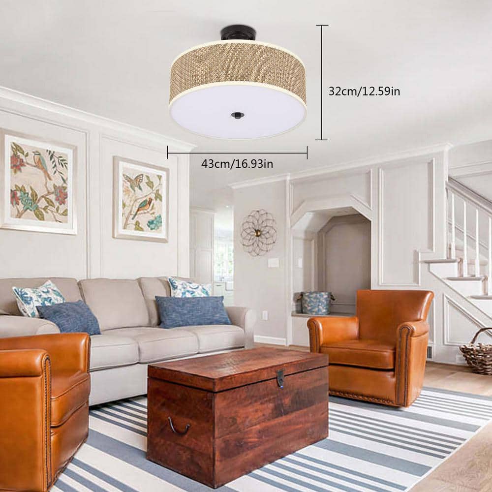 16.9 in. 3-light Brown Modern Rattan Semi-flush Mount Ceiling-Light - Hercitys