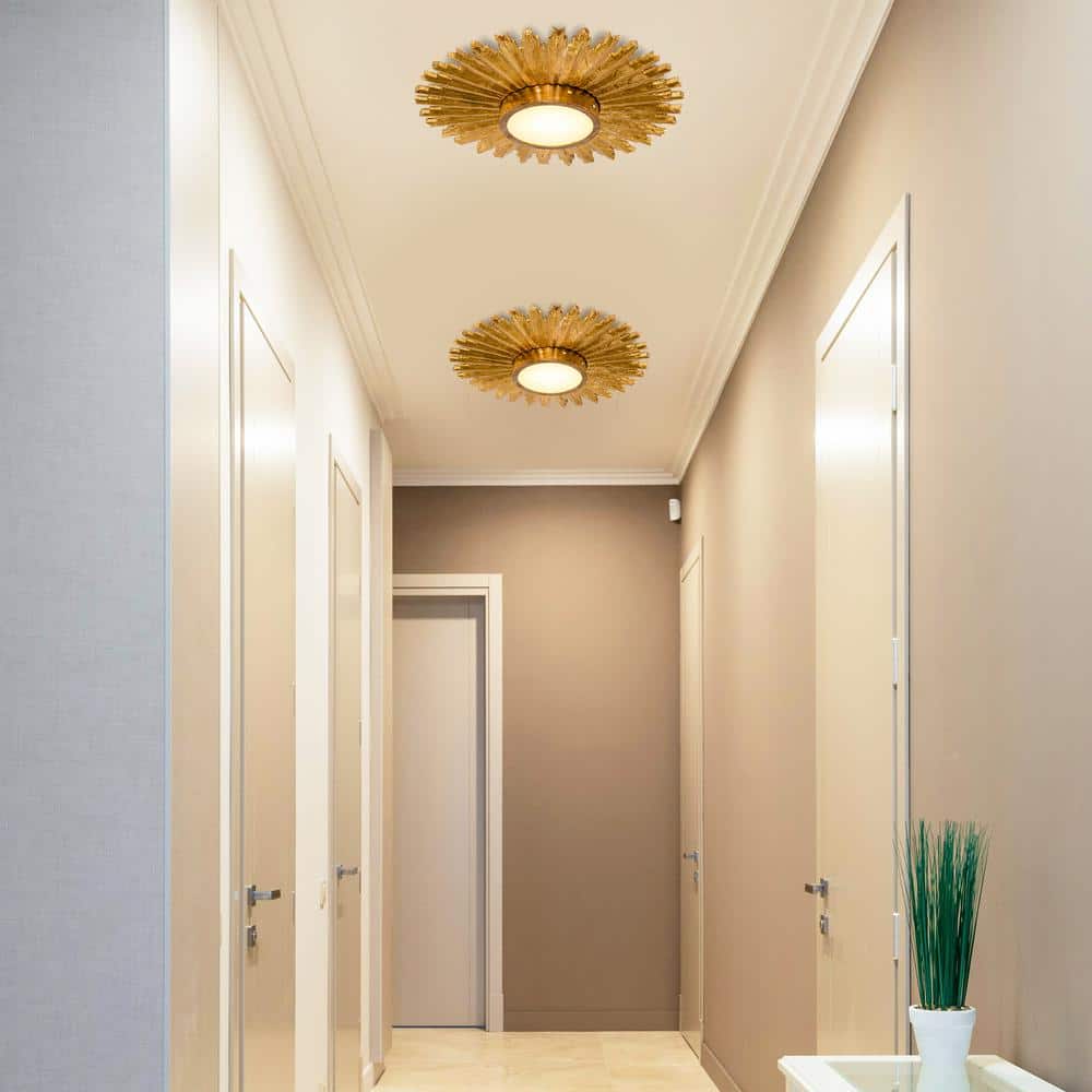 21.65 in. 16-Watt Integrated LED Gilt Wood Sunburst Flush Mount Ceiling Light Fixture - Hercitys