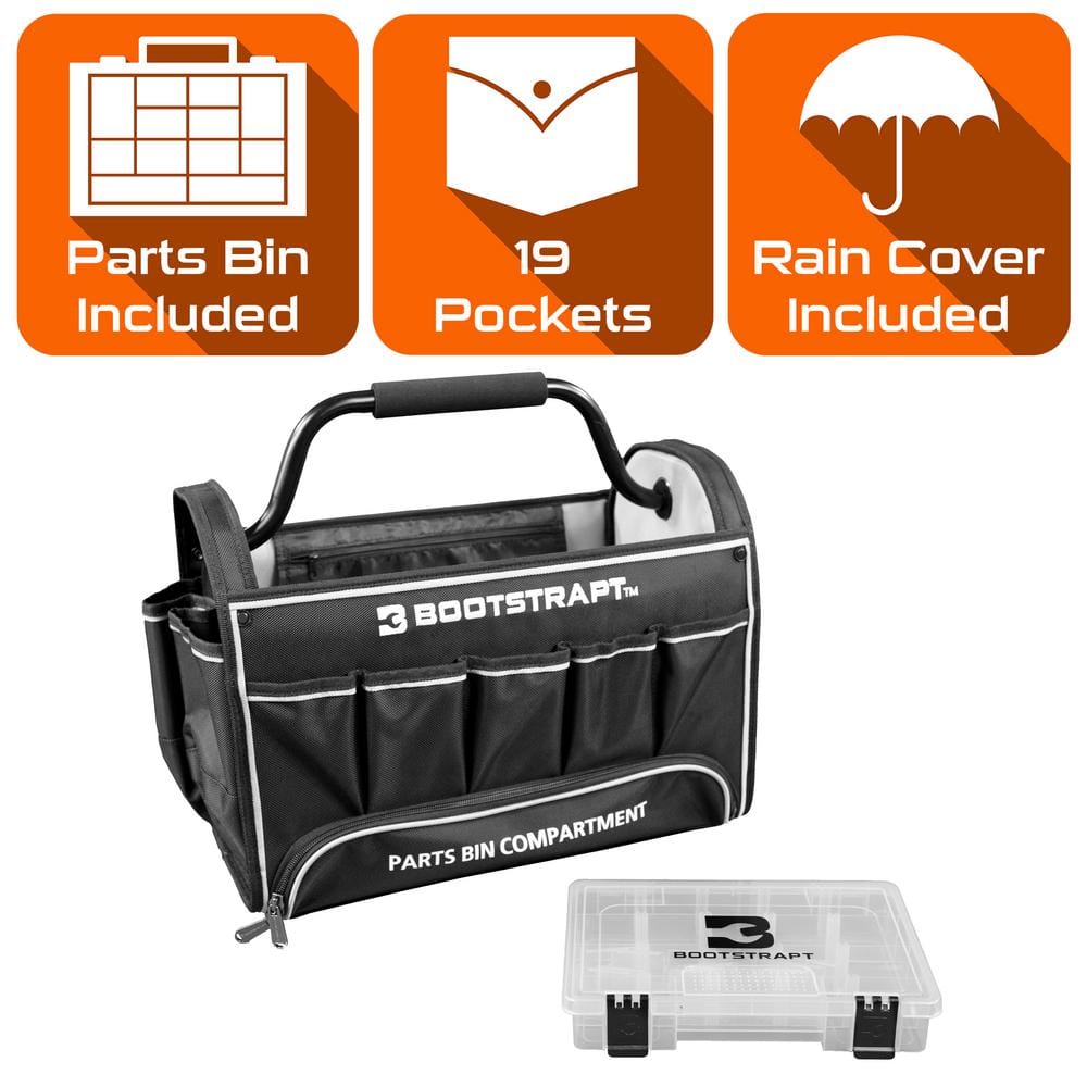 18 in. Contractor’s Tote Bag with Integrated Parts Bin Compartment and Waterproof Rain Cover - Hercitys