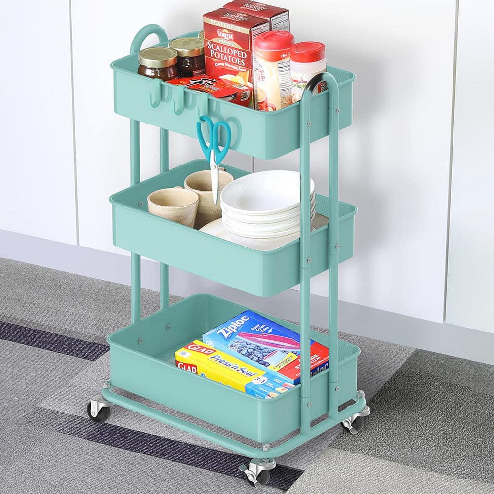 3-Tier Metal -Wheeled Utility Cart in Turquoise - Hercitys