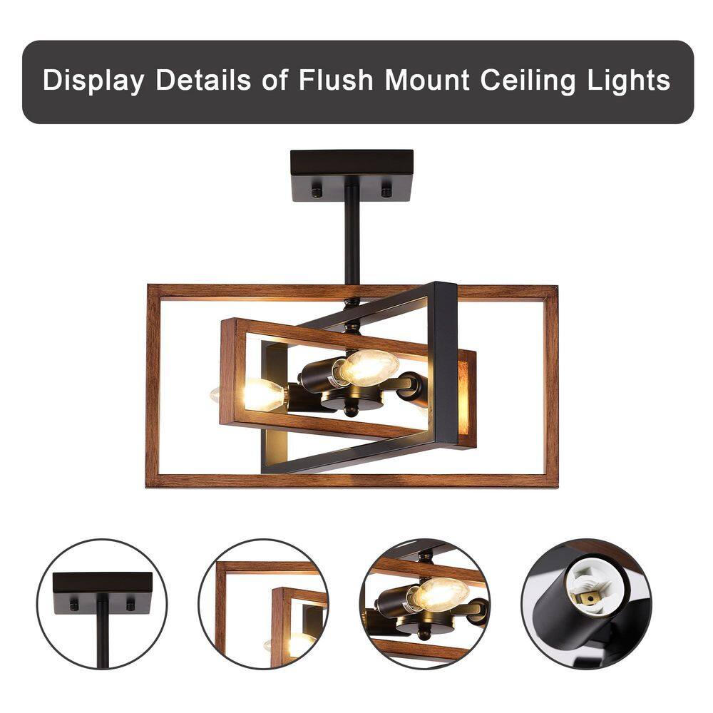 15.8 in.  3-Light Black and Imitation Wood Grain Farmhouse Rectangle Semi Flush Mount Ceiling Light Bulb Not Included - Hercitys