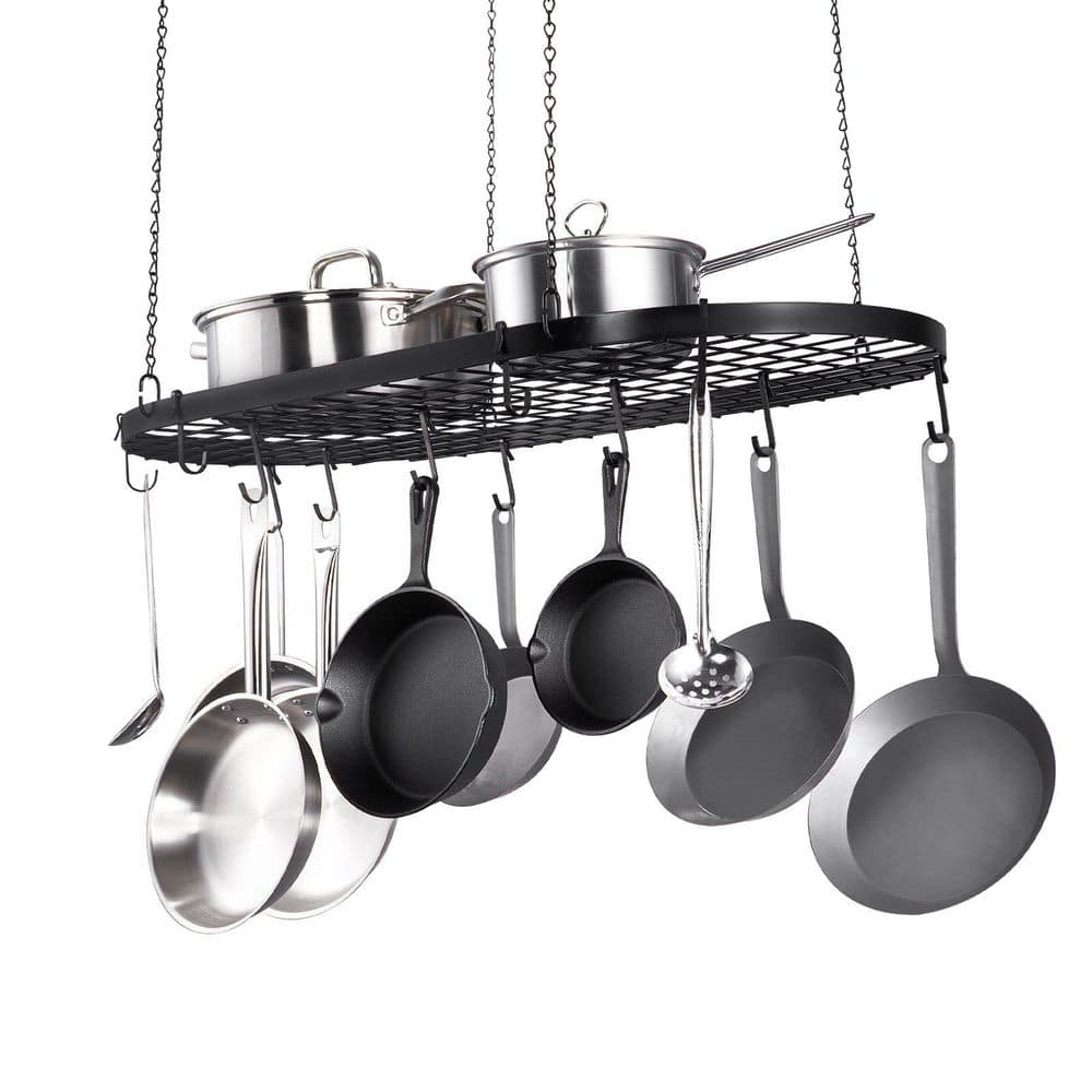 32 in. Black Hanging Pot Rack with 12 S Hooks, Ceiling Mount Pot Rack for Kitchen Cookware - Hercitys
