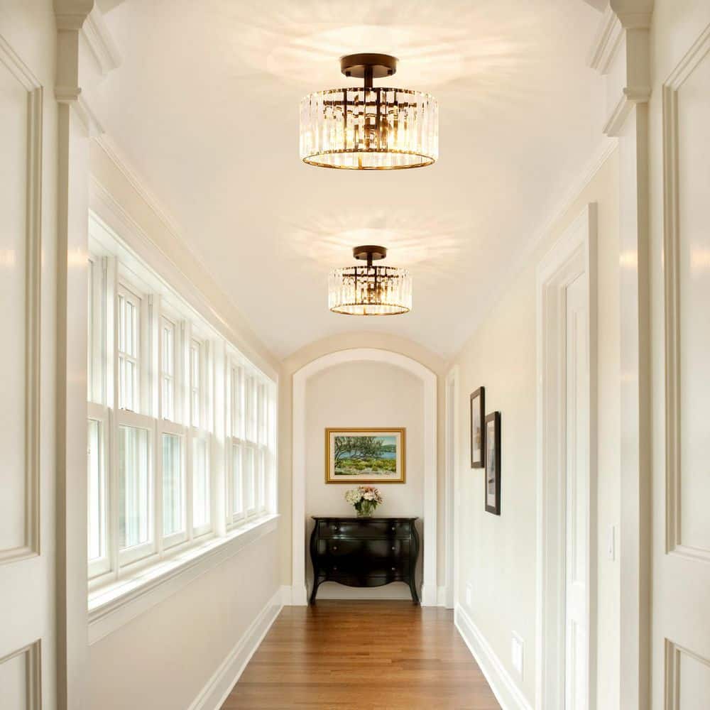 11.8 in. 3-Light Black Modern Drum Semi-Flush Mount Ceiling Light With Crystal Shade - Hercitys