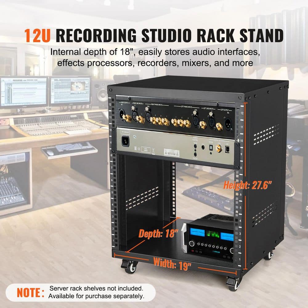 12U AV Rack Stand Steel 20.1 x 27.6 x 20.1 in. Network Stereo Recording Studio Rack Square Holes 1-Tier (Black) - Hercitys