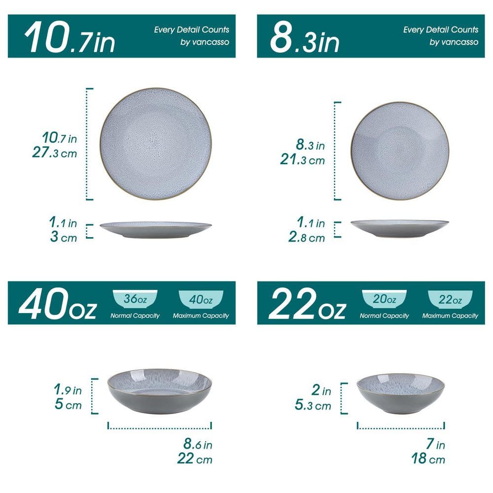 16-Piece Gray Stoneware Dinnerware Set Service for 4 Reactive Glaze Tableware Bowls and Plates Dining Set - Hercitys