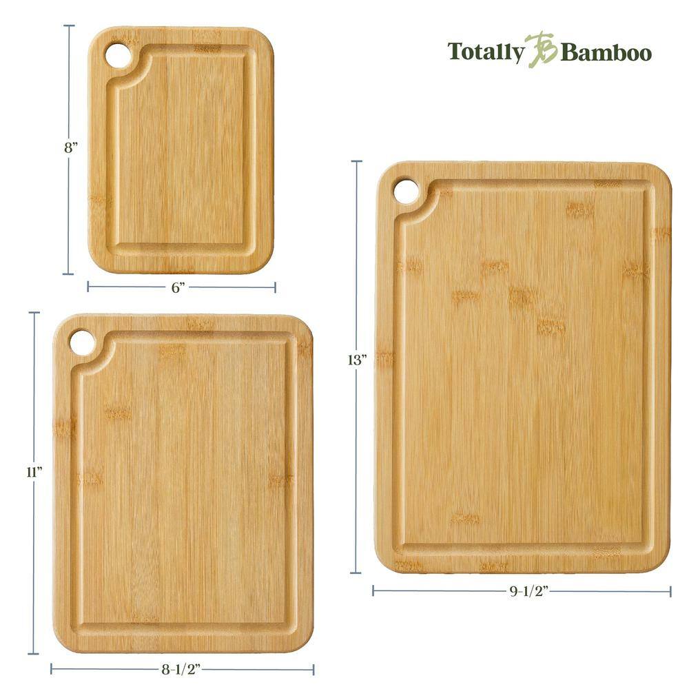 3-Piece Natural Wood Bamboo Tool Cutting Board Set w/ Juice Grooves, Large, Medium & Small Assorted Sizes for Kitchen - Hercitys