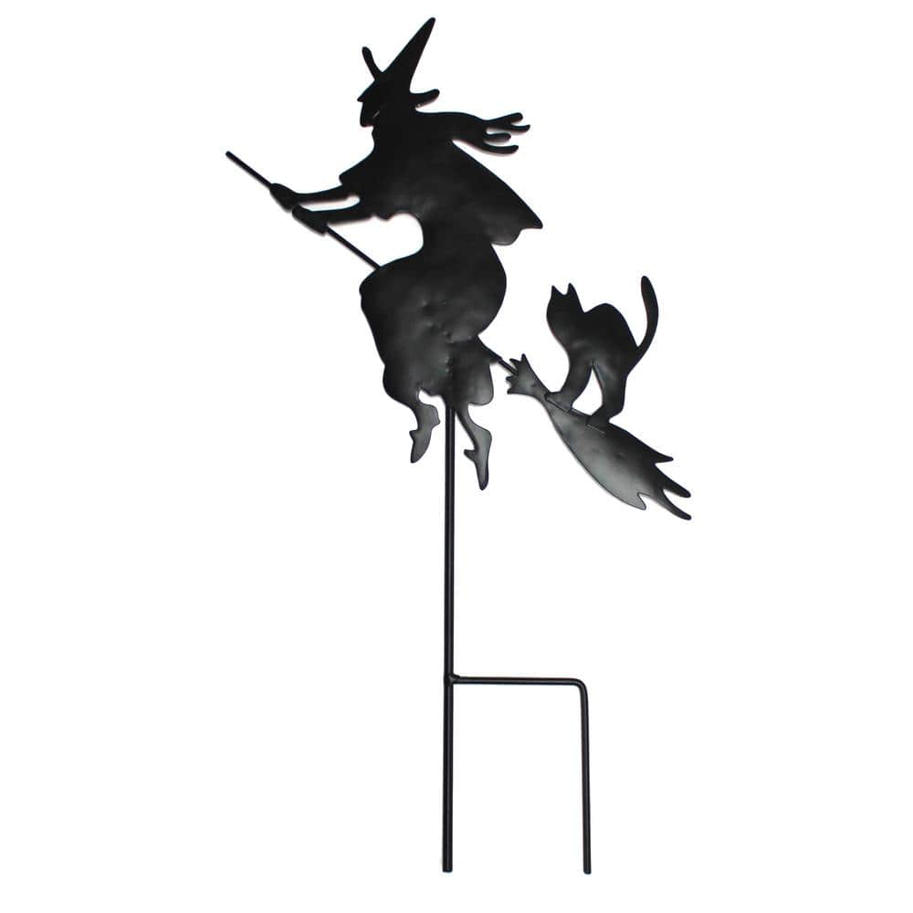 19 in. Halloween Metal Black Witch Silhouette on Broom with Cat Outdoor Yard Stake, Set of 3 - Hercitys