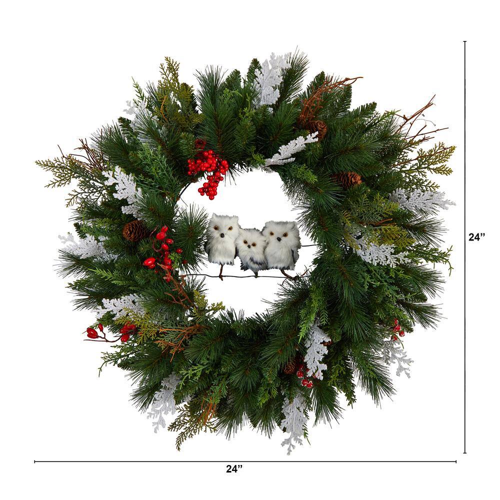 24 in. Holiday Winter Owl Family Pinecone Berry Artificial \Christmas Wreath - Hercitys