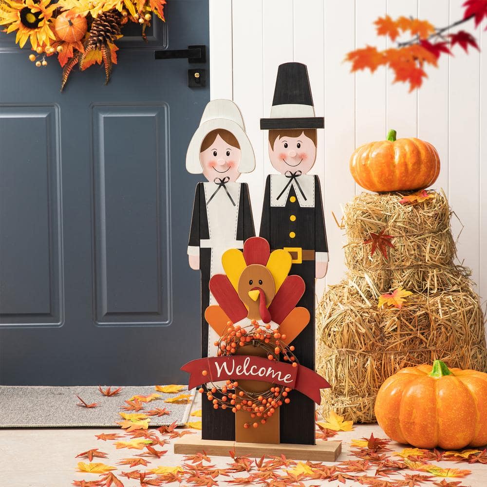 36 in. H Thanksgiving Wooden Pilgrim Couple Poch Decor - Hercitys