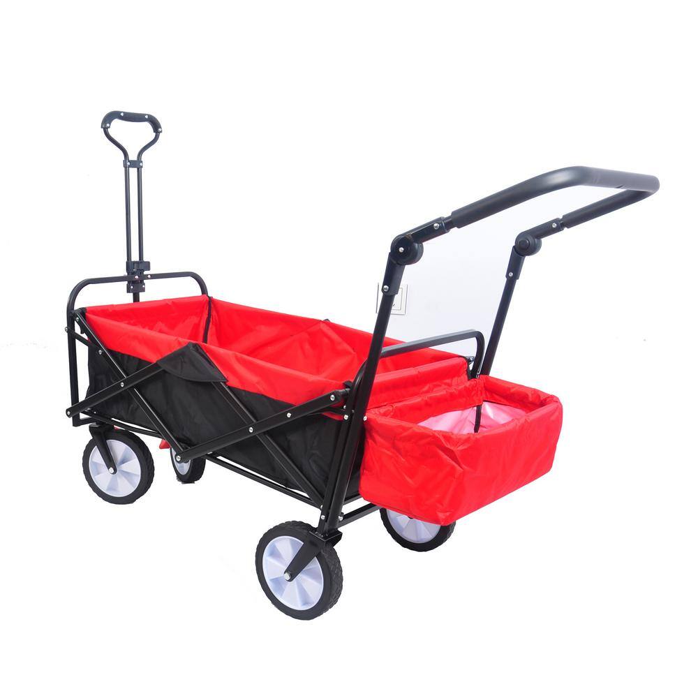 3.9 cu. ft. Red Black Steel Folding Garden Cart with Adjustable Handles and Emergency Brakes - Hercitys