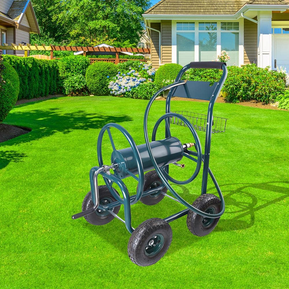 2 cu. ft. Metal Garden Cart – 4 Wheels Portable Garden Hose Reel Cart with Storage Basket - Hercitys