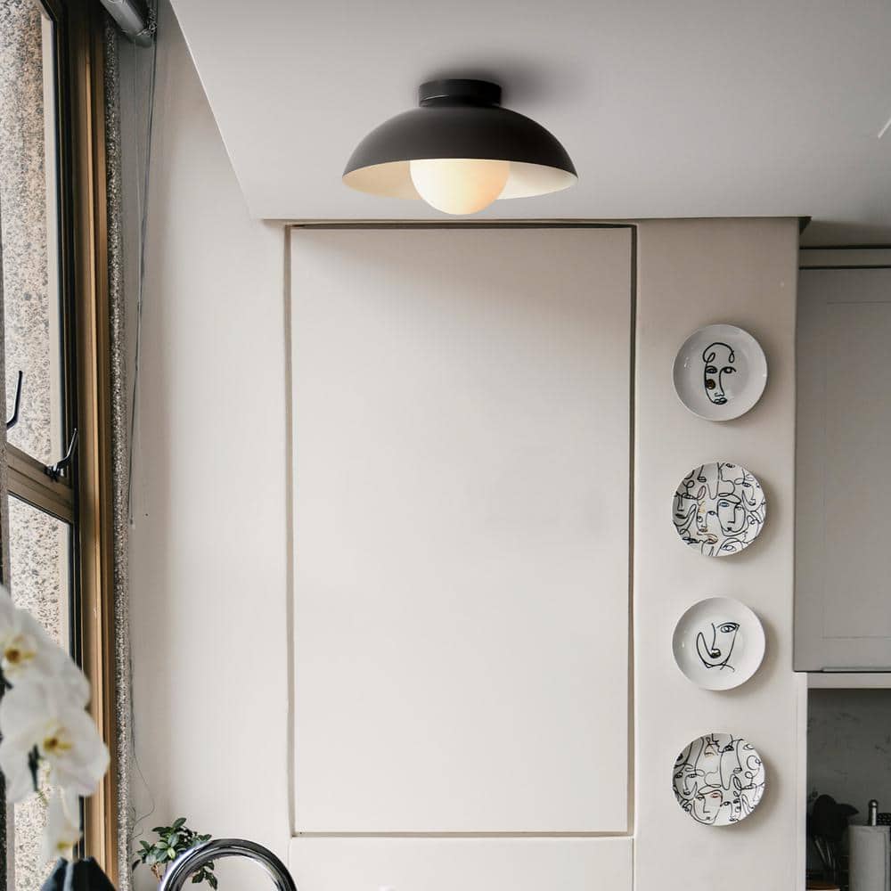 13 in. 1-Light Matte Black Flush Mount Ceiling Light with White Opal Glass Shade - Hercitys