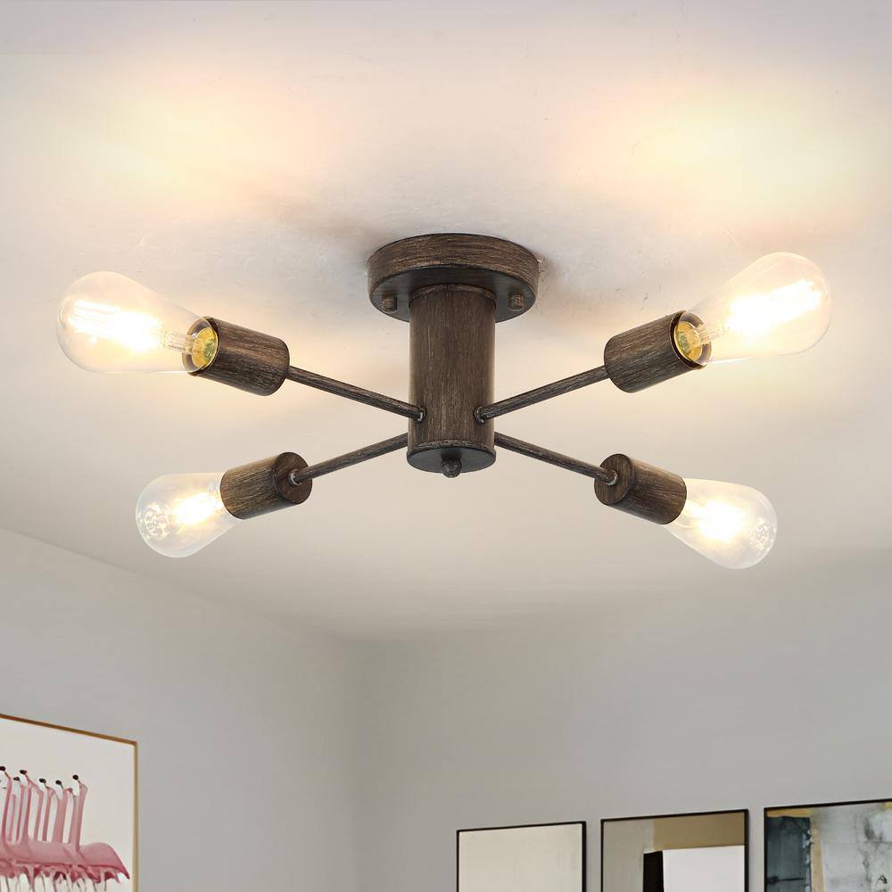 17.5 in. 4-Light Imitation Wood Grain Sputnik Transitional Flush Mount Ceiling Lights - Hercitys