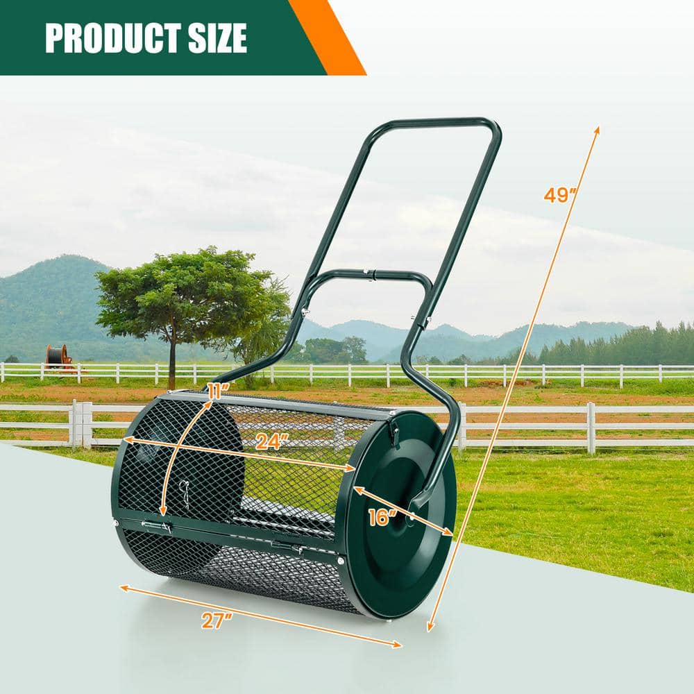 24 in. 2.7 cu. ft. Capacity Handheld Metal Mesh Peat Moss Spreader with Upgrade Side Latches and U-Shape Handle in Green - Hercitys
