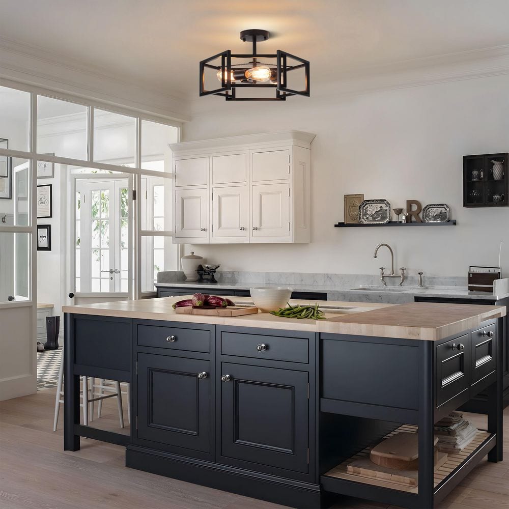 18.11 in. 3 Light Matte Black Modern Farmhouse Hexagon Semi-Flush Mount Ceiling Light - Hercitys