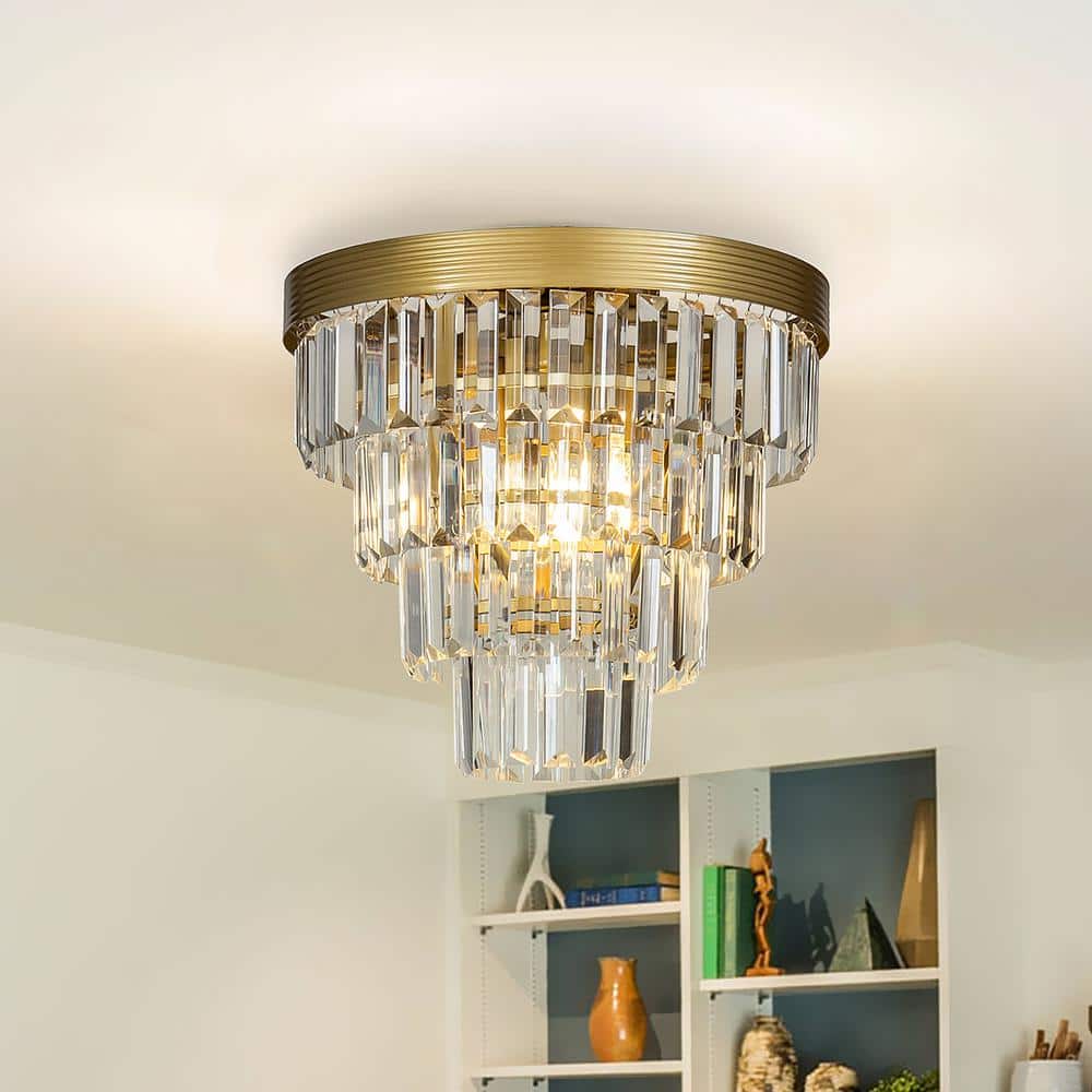 3-Light Tiered Gold Mini Flush Mount Ceiling light for Hallway and Bedroom With Clear Crystals - Hercitys