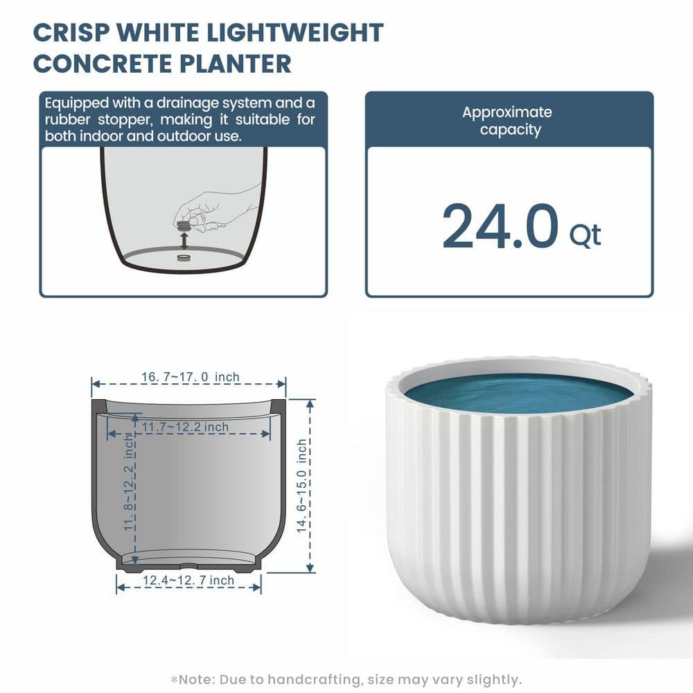 17 in. Large Crisp White (Premium Inner) Concrete Round Planter/Pot with Drainage Holes - Hercitys