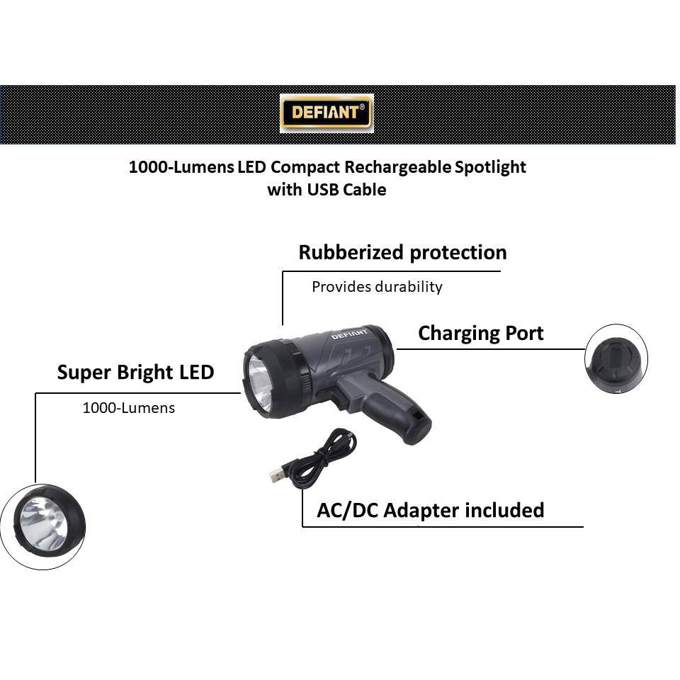 1000 Lumens LED Compact Rechargeable Spotlight with USB Cable - Hercitys