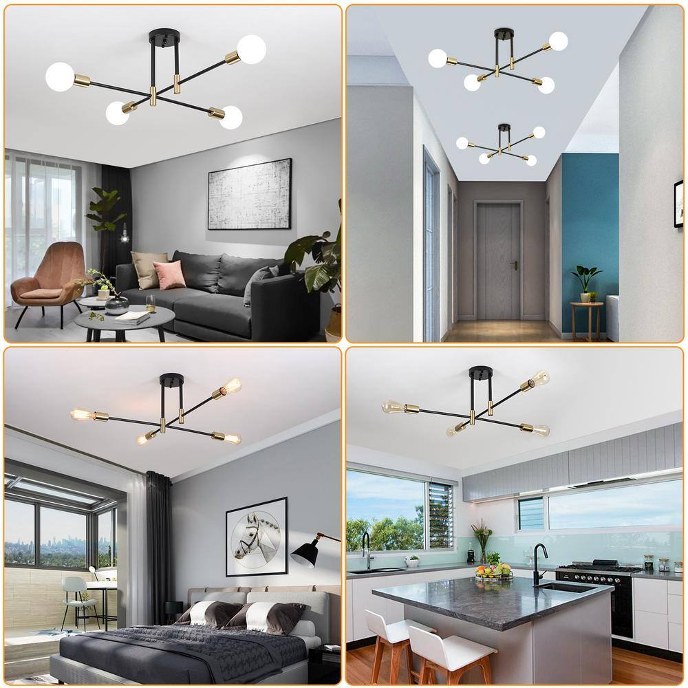 27.5 in. 4-Light Black and Brass Sputnik Semi- Flush Mount Ceiling Light with No Bulbs Included - Hercitys