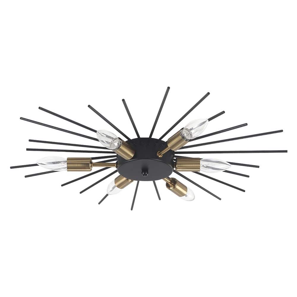 23.82 in. 6-Light Black and Gold Modern Metal Starburst Flush Mount Ceiling Light - Hercitys