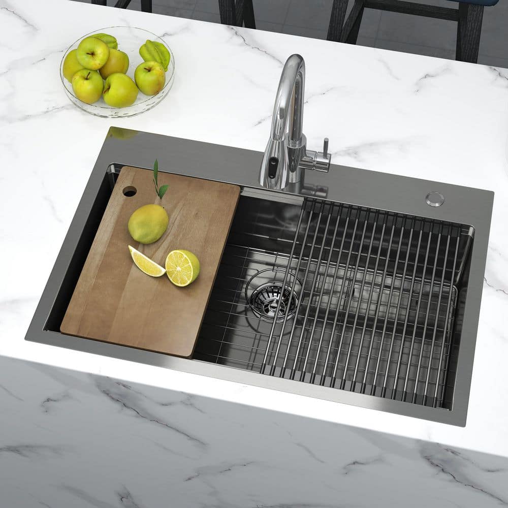 33 in. Drop-In/Undermount Single Bowl 16 Gauge Gunmetal Black Stainless Steel Kitchen Sink with Bottom Grids - Hercitys