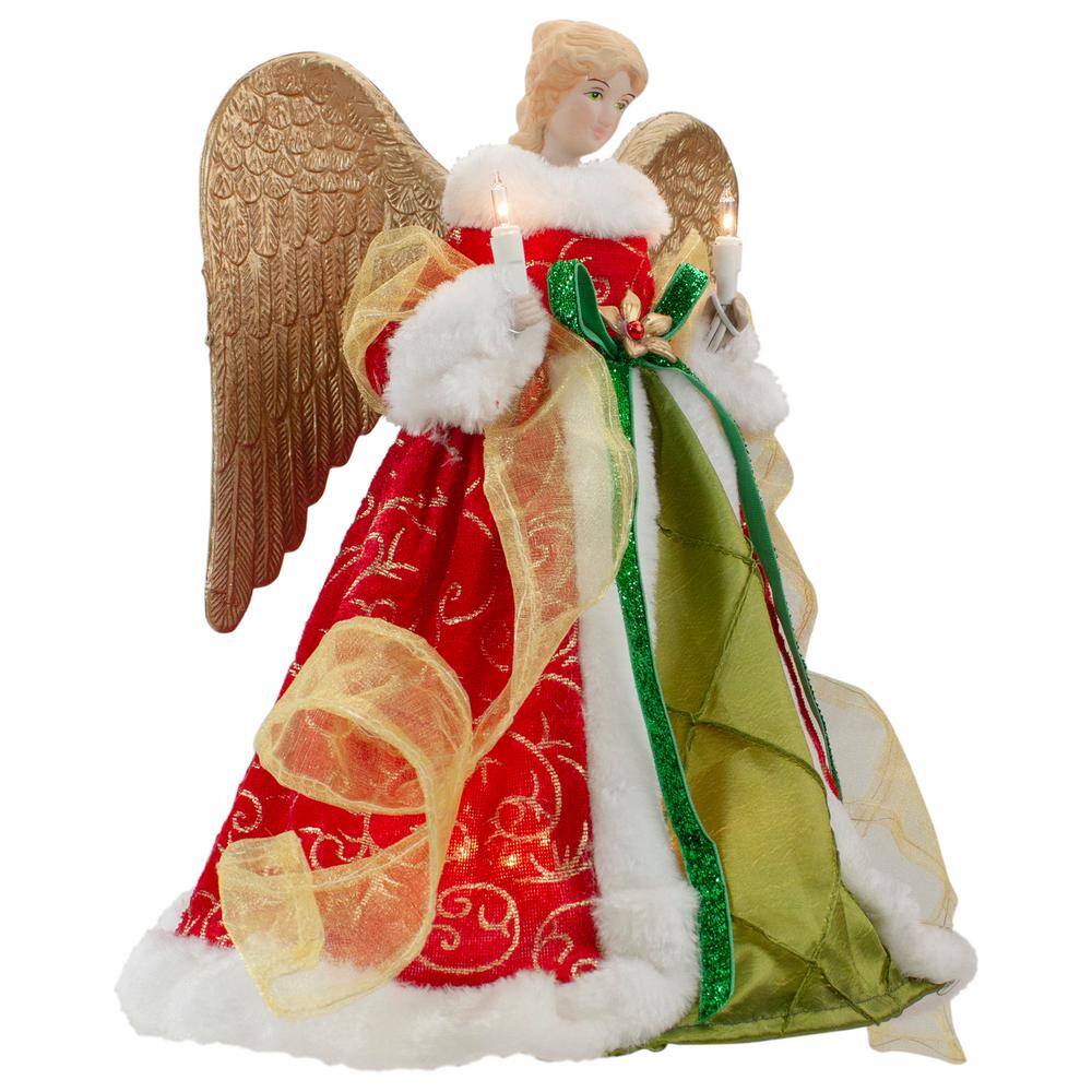 12 in. Lighted Red and Green Angel with Wings Christmas Tree Topper – Clear Lights - Hercitys