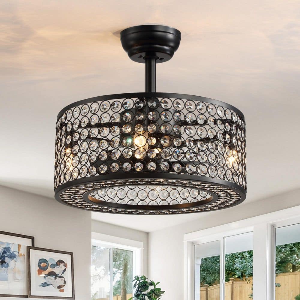 17 in. Black Ceiling Fan Caged Ceiling Fan Indoor with Lights and Remote Enclosed Ceiling Fan Crystal Fandelier - Hercitys